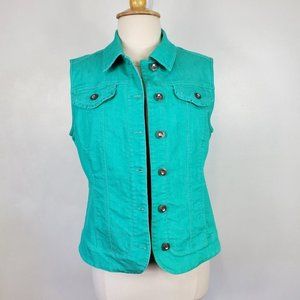 Christopher & Banks Green Jean Vest With Bling Buttons, Size M